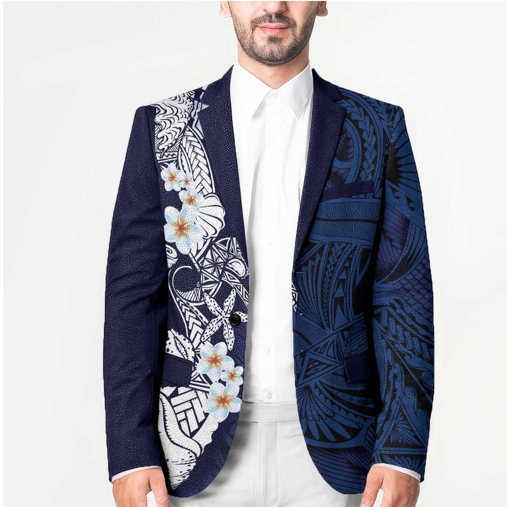 Blue Samoa Tattoo Blazer Plumeria Samoan Ocean Tatau Pattern - Polynesian Pride