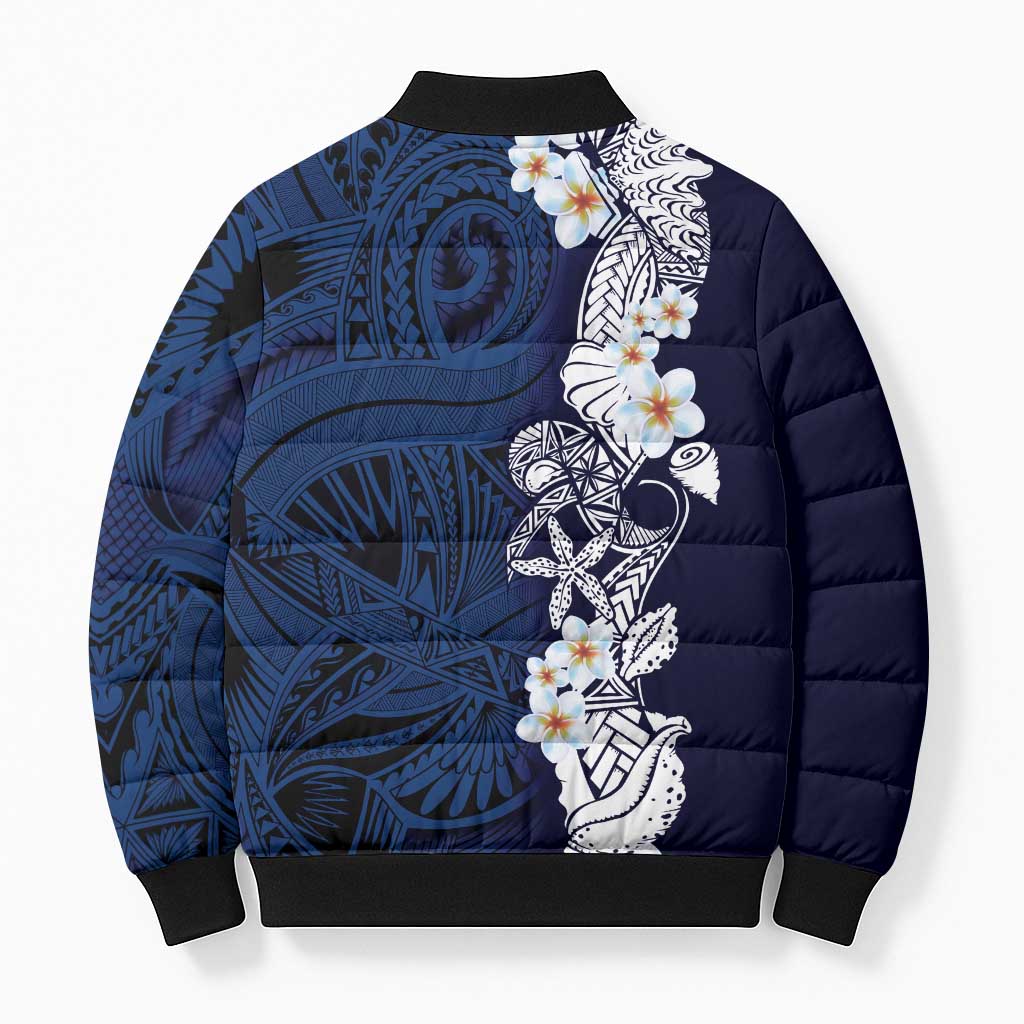 Blue Samoa Tattoo Bomber Puffer Jacket Plumeria Samoan Ocean Tatau Pattern - Polynesian Pride