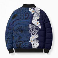 Blue Samoa Tattoo Bomber Puffer Jacket Plumeria Samoan Ocean Tatau Pattern - Polynesian Pride