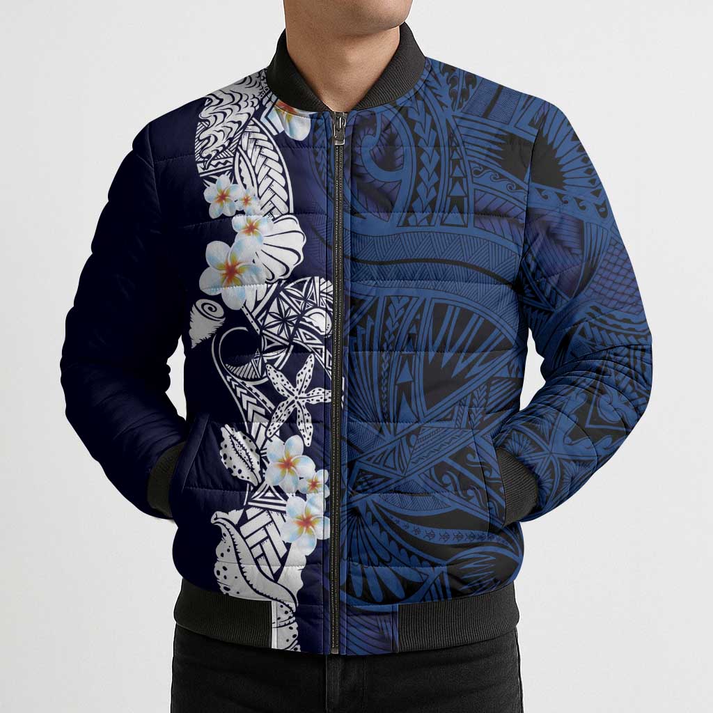 Blue Samoa Tattoo Bomber Puffer Jacket Plumeria Samoan Ocean Tatau Pattern - Polynesian Pride