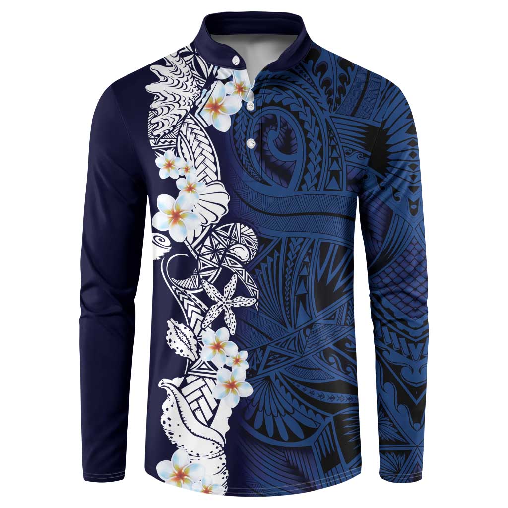Blue Samoa Tattoo Button Sweatshirt Plumeria Samoan Ocean Tatau Pattern - Polynesian Pride