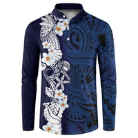 Blue Samoa Tattoo Button Sweatshirt Plumeria Samoan Ocean Tatau Pattern - Polynesian Pride