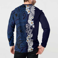 Blue Samoa Tattoo Button Sweatshirt Plumeria Samoan Ocean Tatau Pattern - Polynesian Pride