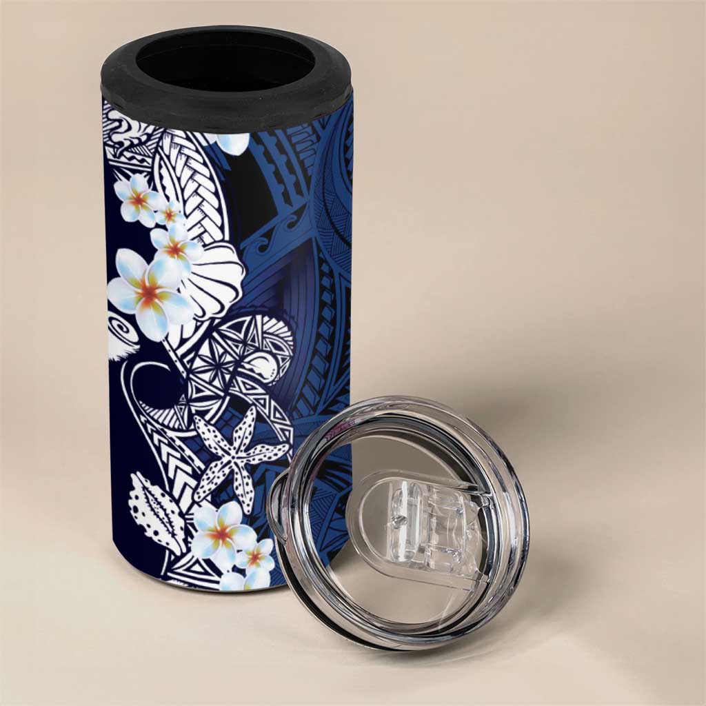 Blue Samoa Tattoo 4 in 1 Can Cooler Tumbler Plumeria Samoan Ocean Tatau Pattern - Polynesian Pride
