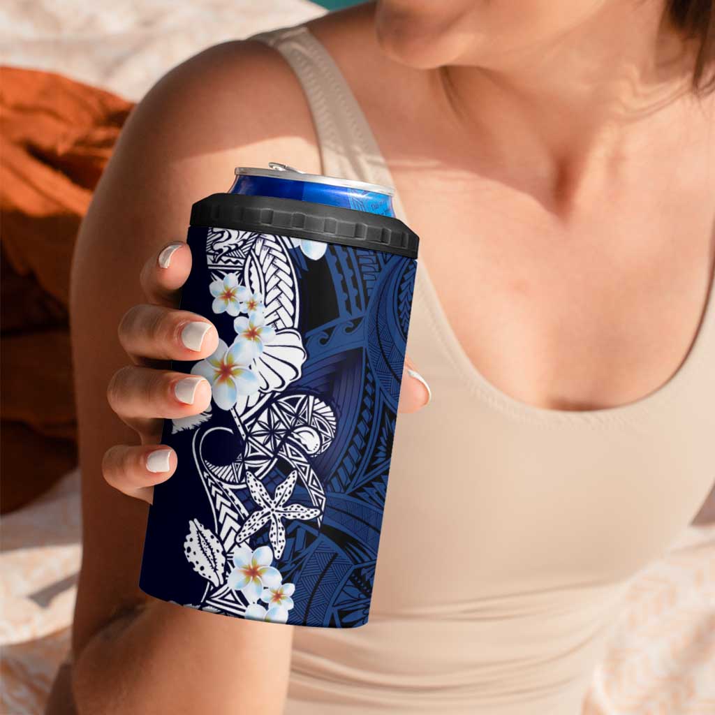 Blue Samoa Tattoo 4 in 1 Can Cooler Tumbler Plumeria Samoan Ocean Tatau Pattern - Polynesian Pride