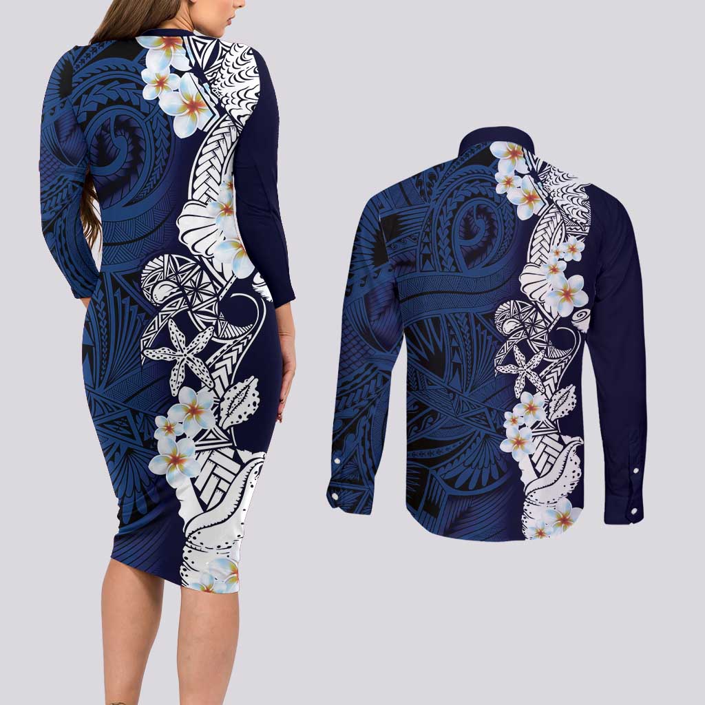 Blue Samoa Tattoo Couples Matching Long Sleeve Bodycon Dress and Long Sleeve Button Shirt Plumeria Samoan Ocean Tatau Pattern - Polynesian Pride