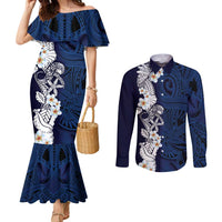 Blue Samoa Tattoo Couples Matching Mermaid Dress and Long Sleeve Button Shirt Plumeria Samoan Ocean Tatau Pattern - Polynesian Pride