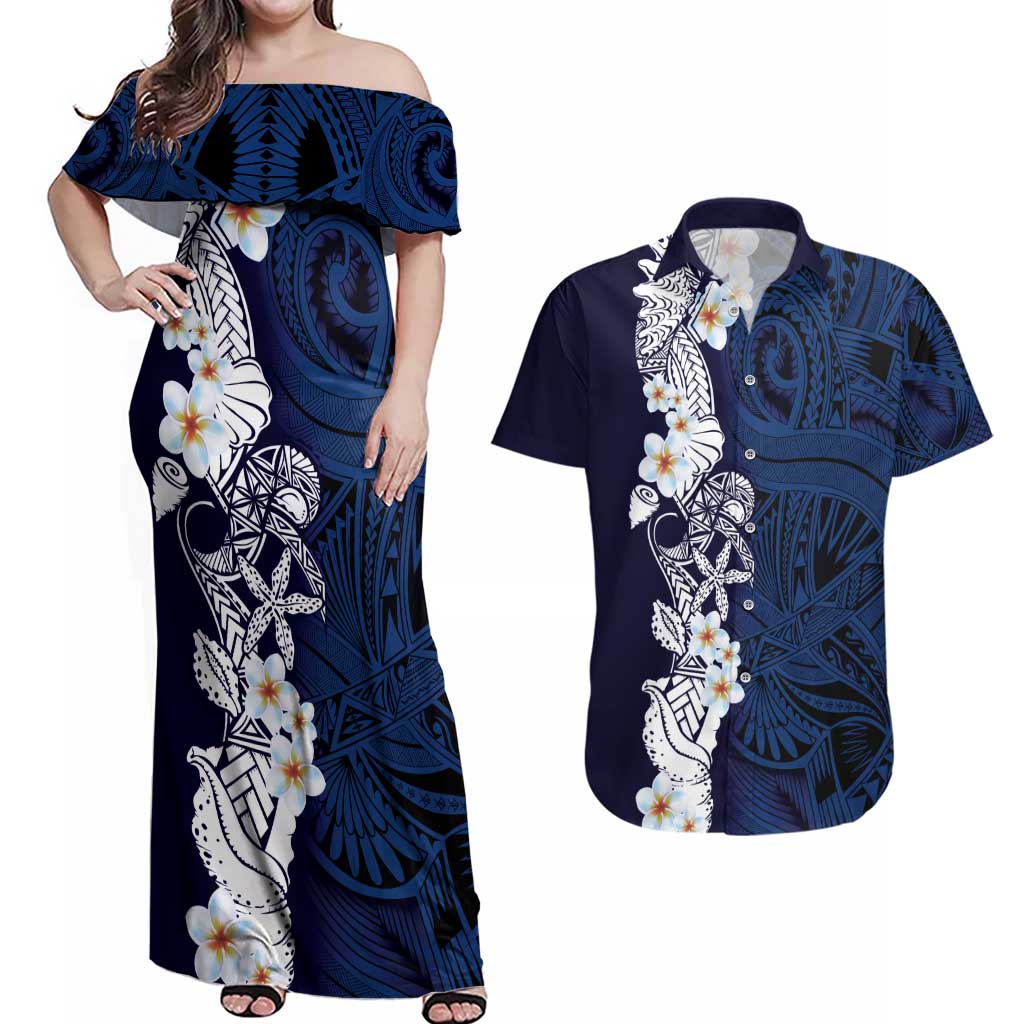 Blue Samoa Tattoo Couples Matching Off Shoulder Maxi Dress and Hawaiian Shirt Plumeria Samoan Ocean Tatau Pattern - Polynesian Pride