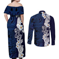 Blue Samoa Tattoo Couples Matching Off Shoulder Maxi Dress and Long Sleeve Button Shirt Plumeria Samoan Ocean Tatau Pattern - Polynesian Pride