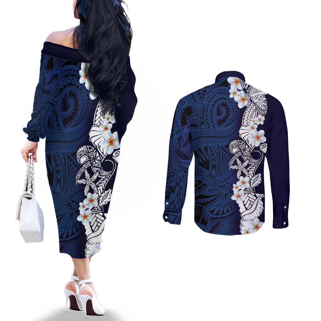Blue Samoa Tattoo Couples Matching Off The Shoulder Long Sleeve Dress and Long Sleeve Button Shirt Plumeria Samoan Ocean Tatau Pattern - Polynesian Pride
