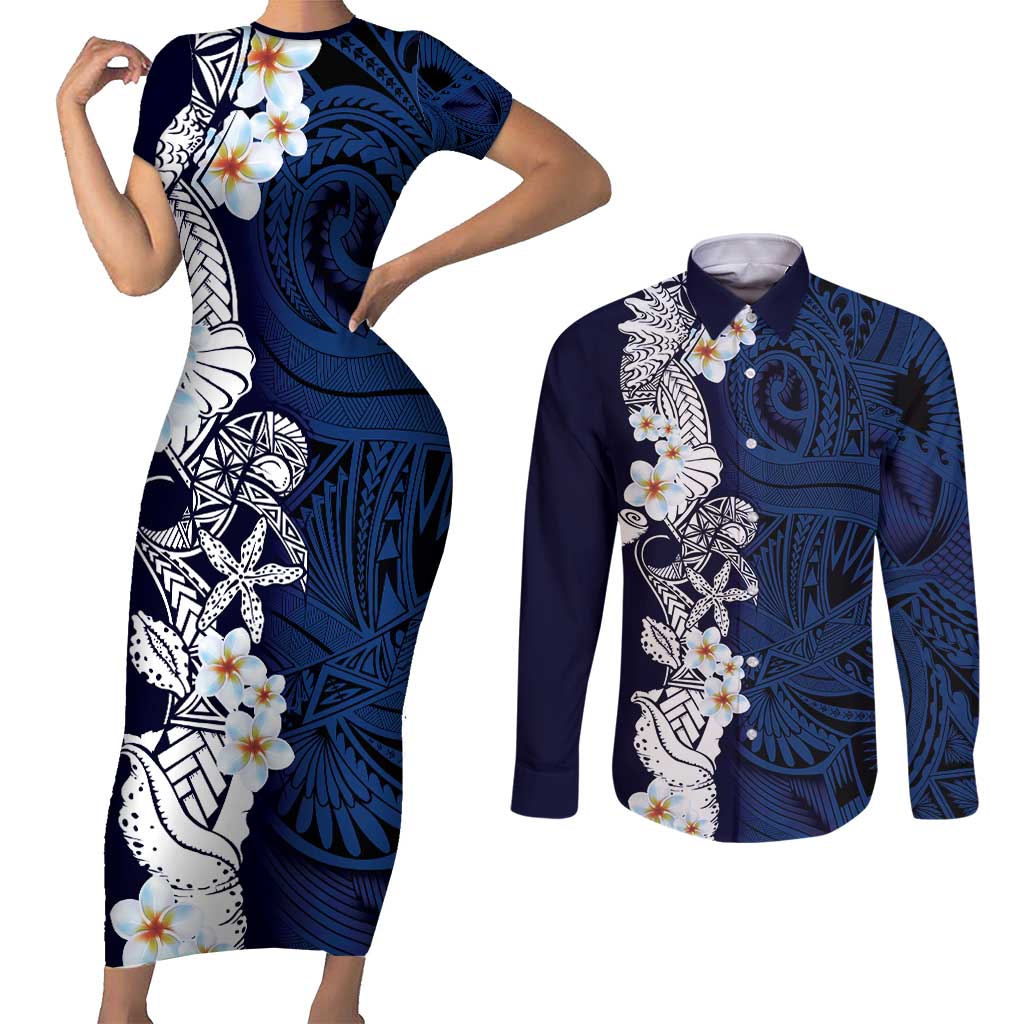 Blue Samoa Tattoo Couples Matching Short Sleeve Bodycon Dress and Long Sleeve Button Shirt Plumeria Samoan Ocean Tatau Pattern - Polynesian Pride