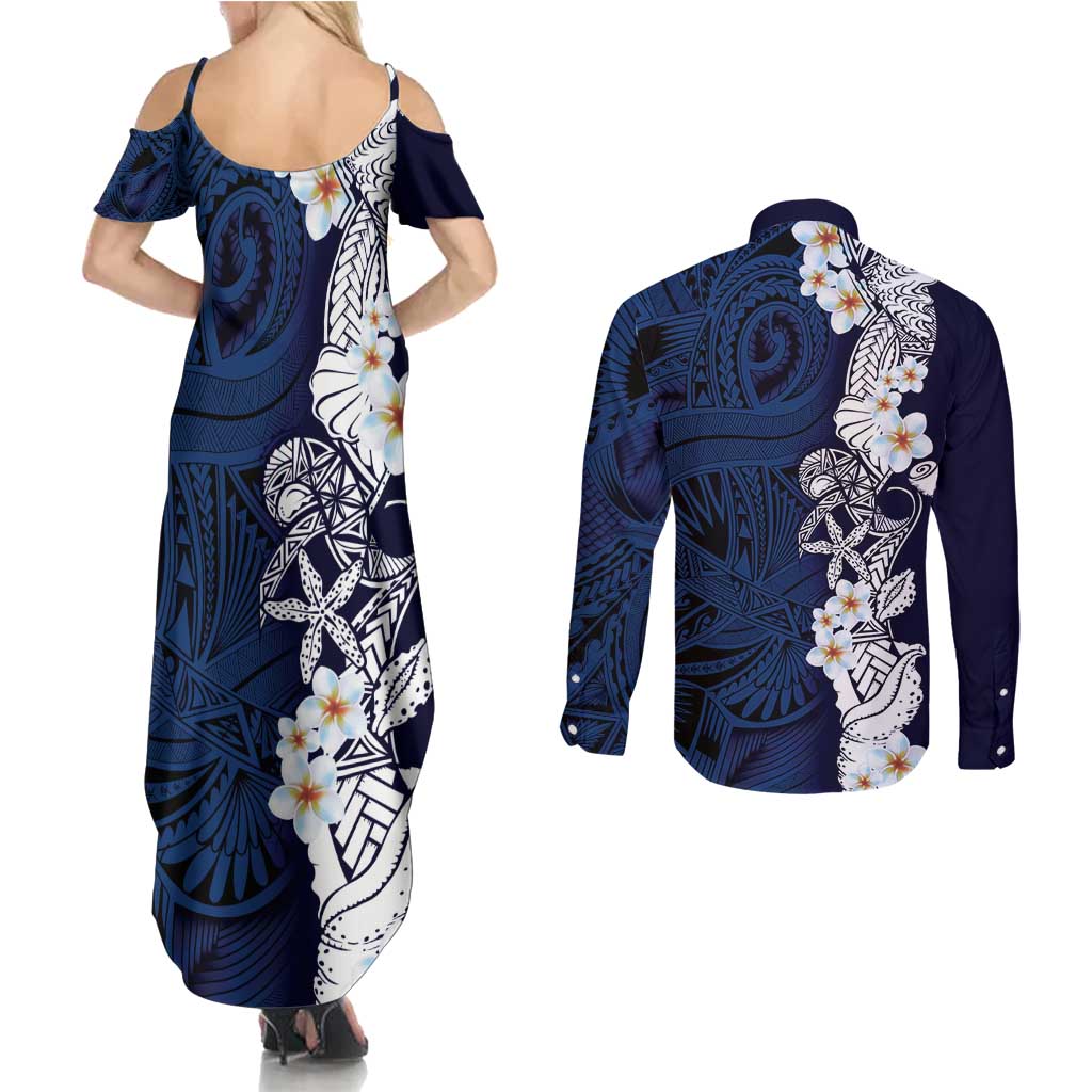 Blue Samoa Tattoo Couples Matching Summer Maxi Dress and Long Sleeve Button Shirt Plumeria Samoan Ocean Tatau Pattern - Polynesian Pride