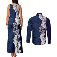 Blue Samoa Tattoo Couples Matching Tank Maxi Dress and Long Sleeve Button Shirt Plumeria Samoan Ocean Tatau Pattern - Polynesian Pride