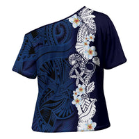 Blue Samoa Tattoo Cross Shoulder Shirt Plumeria Samoan Ocean Tatau Pattern - Polynesian Pride