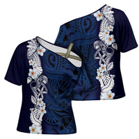 Blue Samoa Tattoo Cross Shoulder Shirt Plumeria Samoan Ocean Tatau Pattern - Polynesian Pride