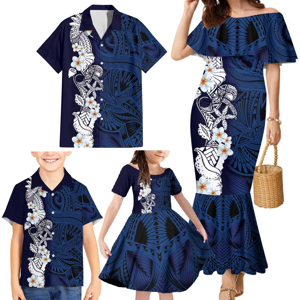 Blue Samoa Tattoo Family Matching Mermaid Dress and Hawaiian Shirt Plumeria Samoan Ocean Tatau Pattern - Polynesian Pride