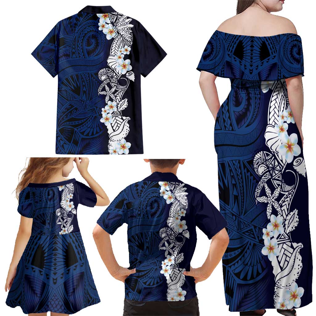 Blue Samoa Tattoo Family Matching Off Shoulder Maxi Dress and Hawaiian Shirt Plumeria Samoan Ocean Tatau Pattern - Polynesian Pride