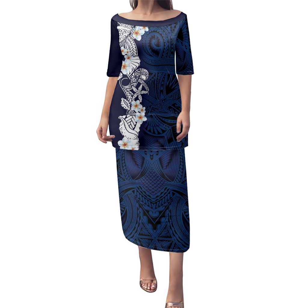 Blue Samoa Tattoo Family Matching Puletasi and Hawaiian Shirt Plumeria Samoan Ocean Tatau Pattern - Polynesian Pride