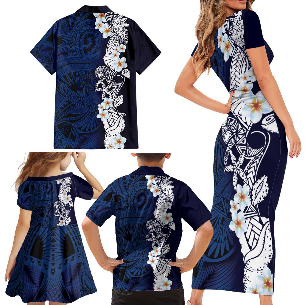 Blue Samoa Tattoo Family Matching Short Sleeve Bodycon Dress and Hawaiian Shirt Plumeria Samoan Ocean Tatau Pattern - Polynesian Pride