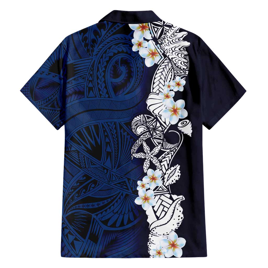 Blue Samoa Tattoo Family Matching Short Sleeve Bodycon Dress and Hawaiian Shirt Plumeria Samoan Ocean Tatau Pattern - Polynesian Pride