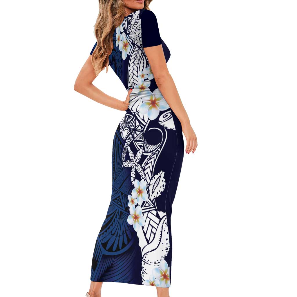 Blue Samoa Tattoo Family Matching Short Sleeve Bodycon Dress and Hawaiian Shirt Plumeria Samoan Ocean Tatau Pattern - Polynesian Pride