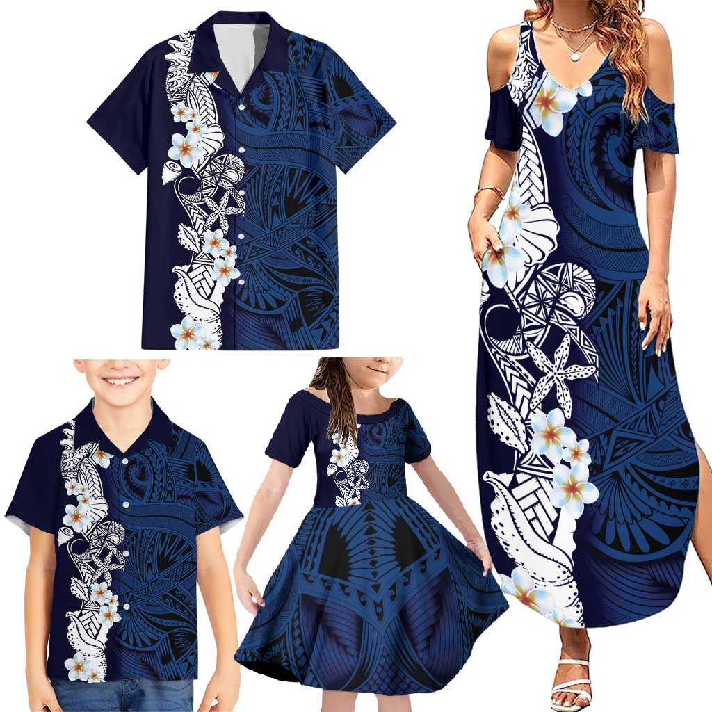Blue Samoa Tattoo Family Matching Summer Maxi Dress and Hawaiian Shirt Plumeria Samoan Ocean Tatau Pattern - Polynesian Pride
