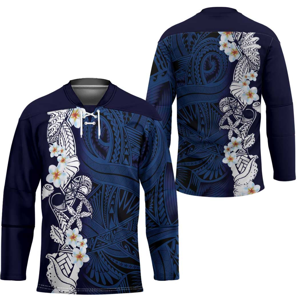Blue Samoa Tattoo Hockey Jersey Plumeria Samoan Ocean Tatau Pattern - Polynesian Pride