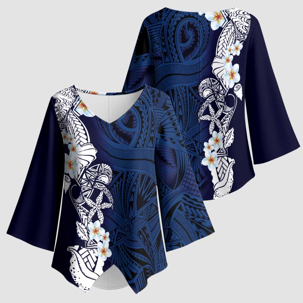 Blue Samoa Tattoo Kimono Sleeve Blouse Plumeria Samoan Ocean Tatau Pattern - Polynesian Pride