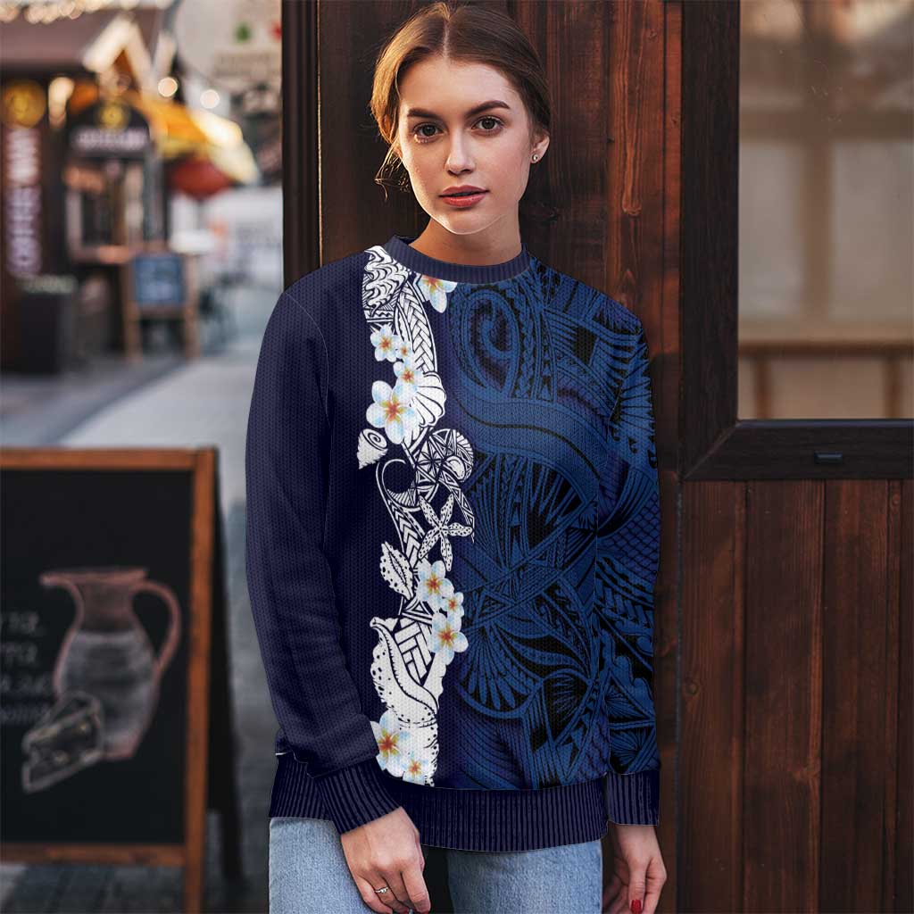 Blue Samoa Tattoo Ugly Christmas Sweater Plumeria Samoan Ocean Tatau Pattern - Polynesian Pride
