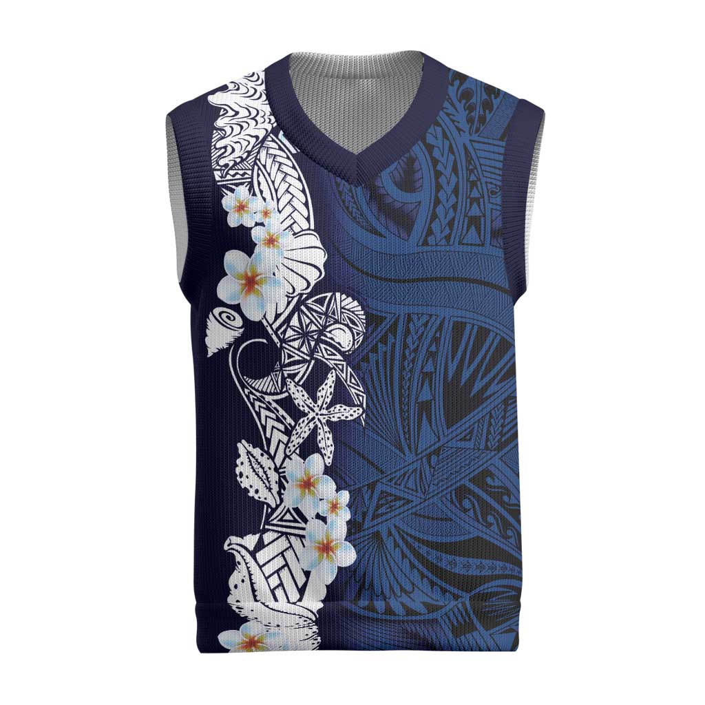 Blue Samoa Tattoo Christmas Knitted V-Neck Vest Plumeria Samoan Ocean Tatau Pattern - Polynesian Pride