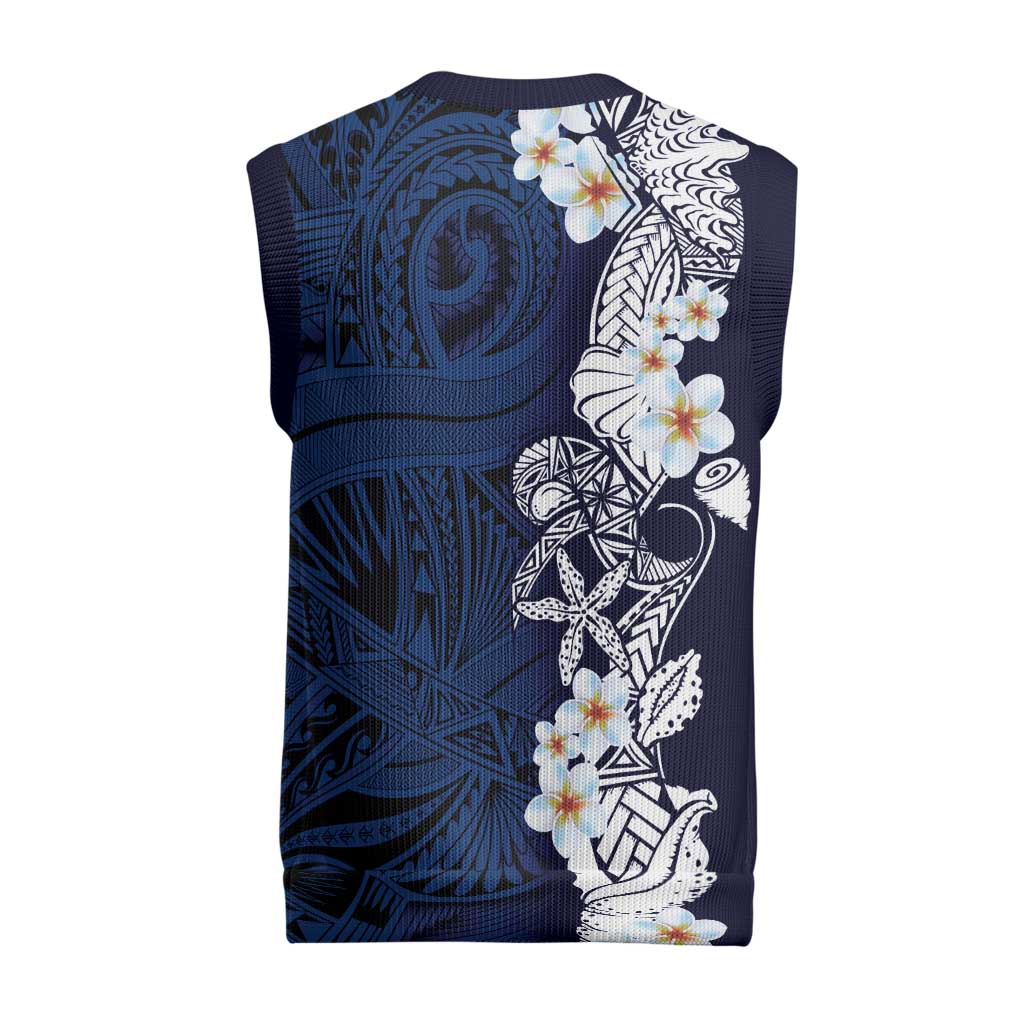 Blue Samoa Tattoo Christmas Knitted V-Neck Vest Plumeria Samoan Ocean Tatau Pattern - Polynesian Pride