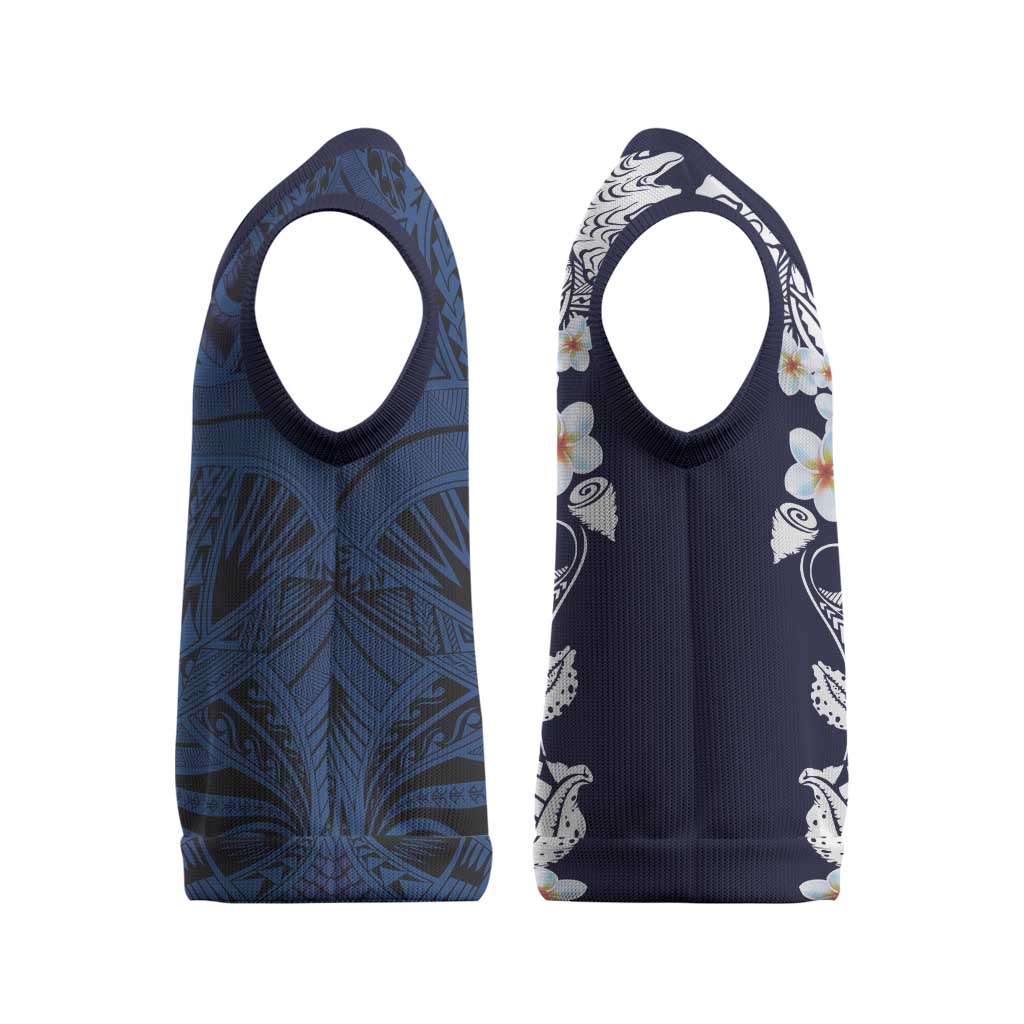 Blue Samoa Tattoo Christmas Knitted V-Neck Vest Plumeria Samoan Ocean Tatau Pattern - Polynesian Pride