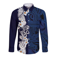 Blue Samoa Tattoo Long Sleeve Button Shirt Plumeria Samoan Ocean Tatau Pattern - Polynesian Pride