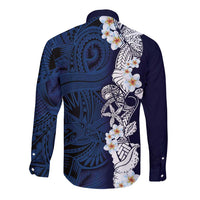 Blue Samoa Tattoo Long Sleeve Button Shirt Plumeria Samoan Ocean Tatau Pattern - Polynesian Pride