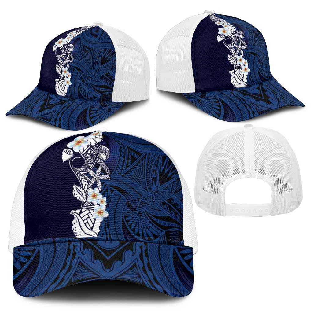 Blue Samoa Tattoo Mesh Trucker Cap Plumeria Samoan Ocean Tatau Pattern - Polynesian Pride