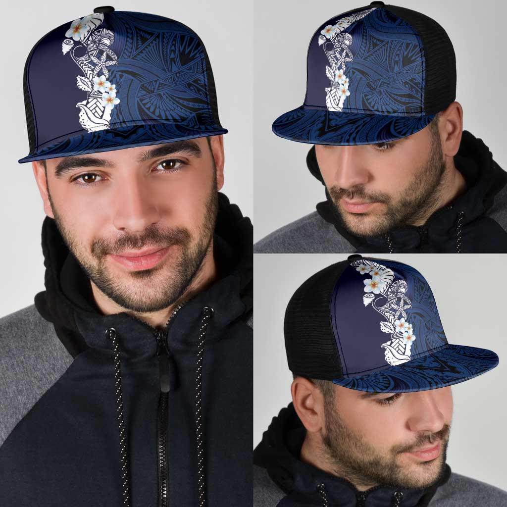 Blue Samoa Tattoo Mesh Trucker Cap Plumeria Samoan Ocean Tatau Pattern - Polynesian Pride