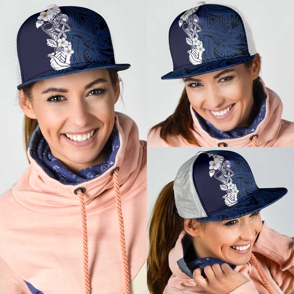 Blue Samoa Tattoo Mesh Trucker Cap Plumeria Samoan Ocean Tatau Pattern - Polynesian Pride