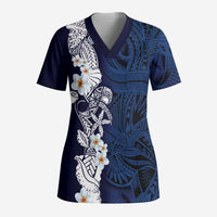 Blue Samoa Tattoo Scrub Top Plumeria Samoan Ocean Tatau Pattern - Polynesian Pride