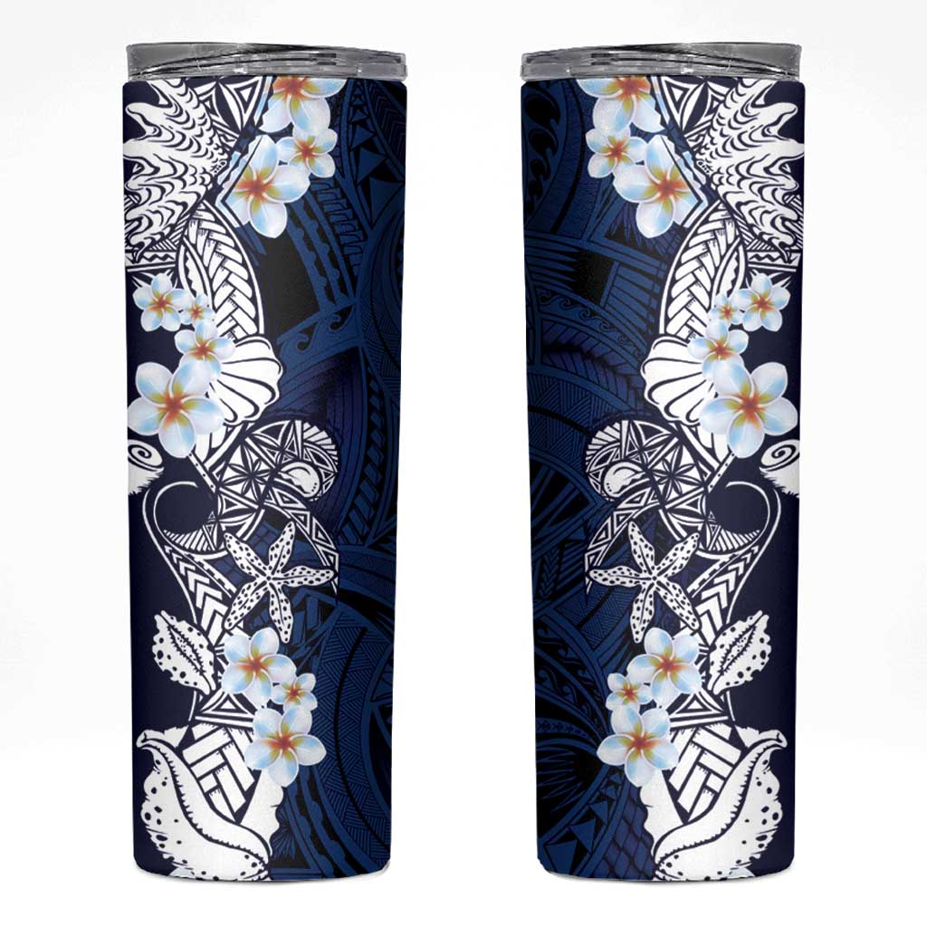 Blue Samoa Tattoo Skinny Tumbler Plumeria Samoan Ocean Tatau Pattern - Polynesian Pride