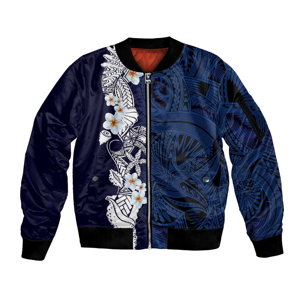 Blue Samoa Tattoo Sleeve Zip Bomber Jacket Plumeria Samoan Ocean Tatau Pattern - Polynesian Pride