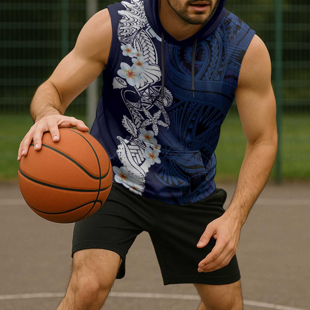 Blue Samoa Tattoo Sleeveless Hoodie Plumeria Samoan Ocean Tatau Pattern - Polynesian Pride