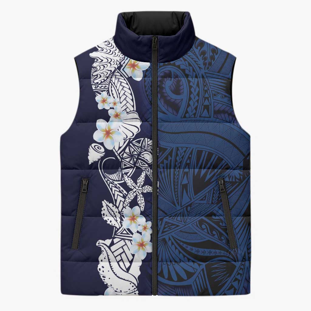 Blue Samoa Tattoo Sleeveless Puffer Jacket Plumeria Samoan Ocean Tatau Pattern - Polynesian Pride