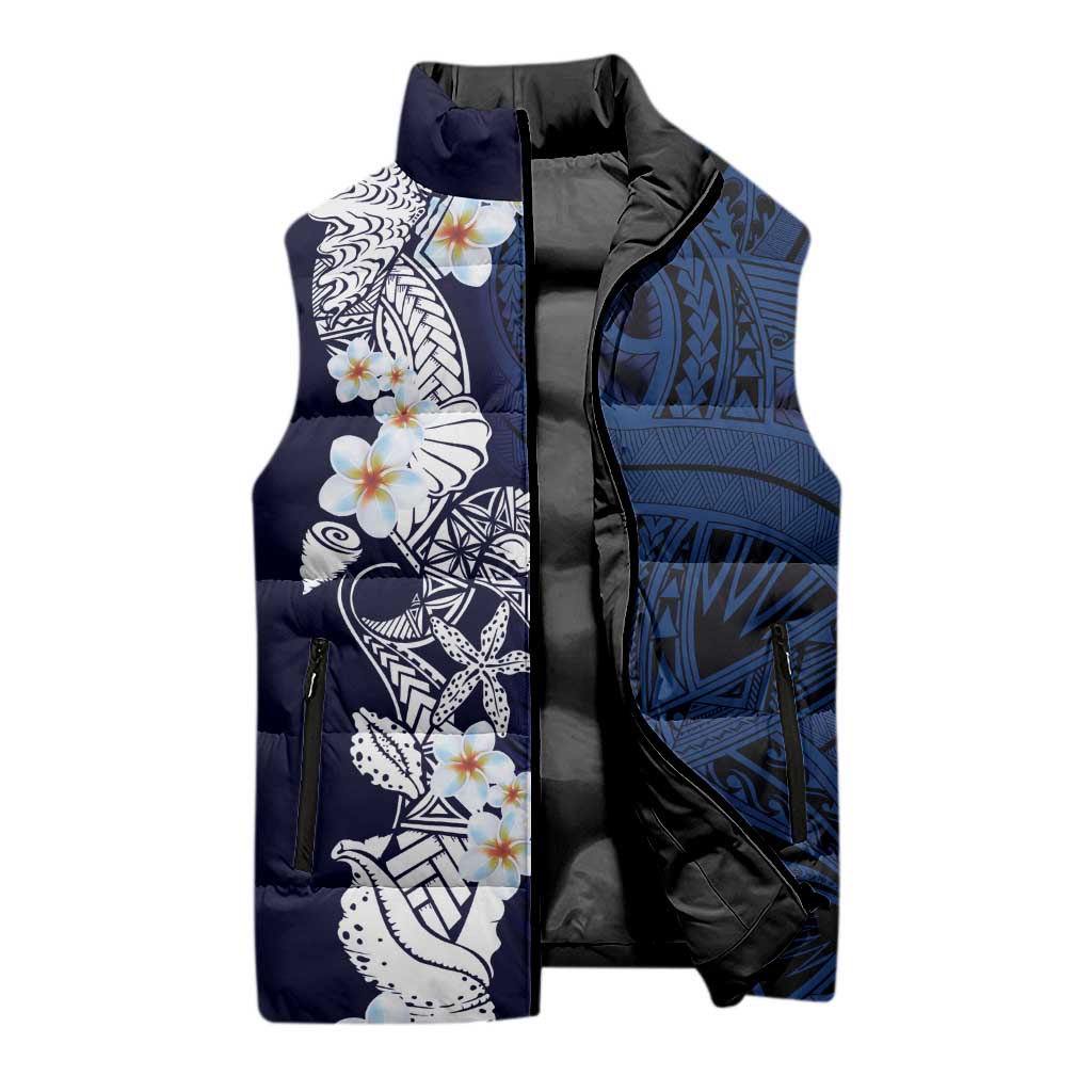 Blue Samoa Tattoo Sleeveless Puffer Jacket Plumeria Samoan Ocean Tatau Pattern - Polynesian Pride