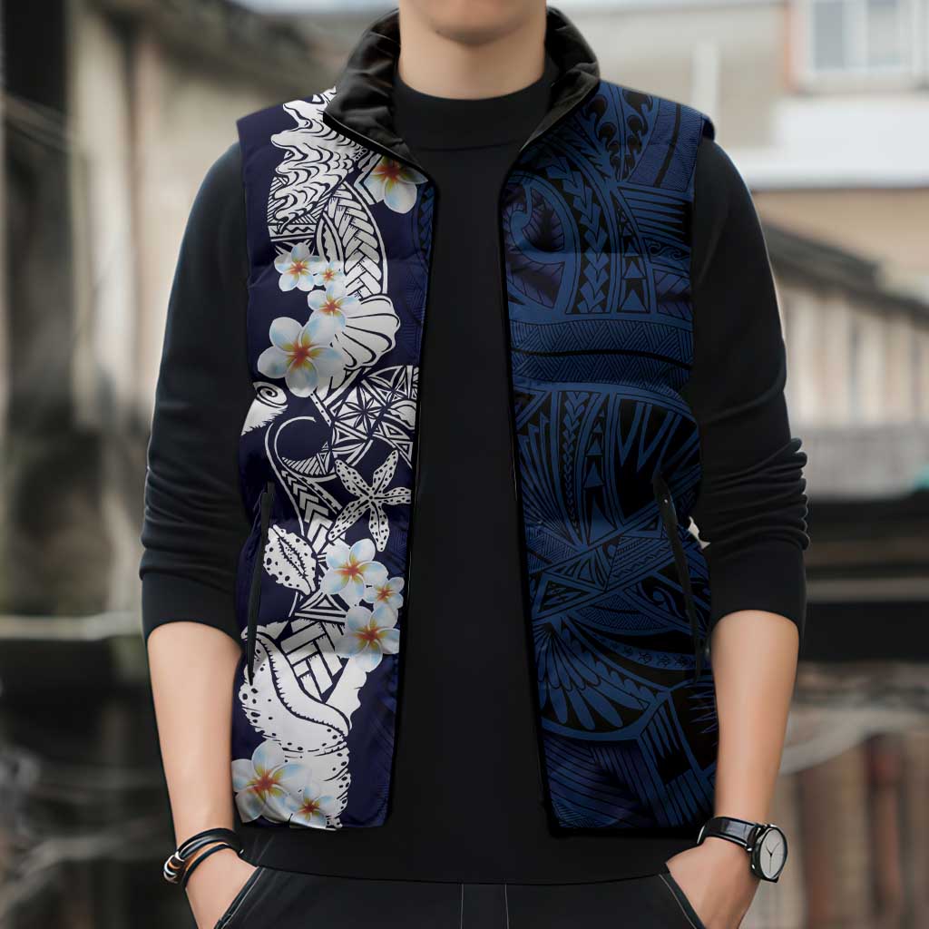 Blue Samoa Tattoo Sleeveless Puffer Jacket Plumeria Samoan Ocean Tatau Pattern - Polynesian Pride