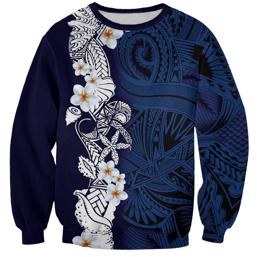 Blue Samoa Tattoo Sweatshirt Plumeria Samoan Ocean Tatau Pattern - Polynesian Pride