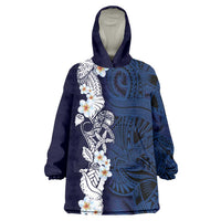 Blue Samoa Tattoo Wearable Blanket Hoodie Plumeria Samoan Ocean Tatau Pattern - Polynesian Pride