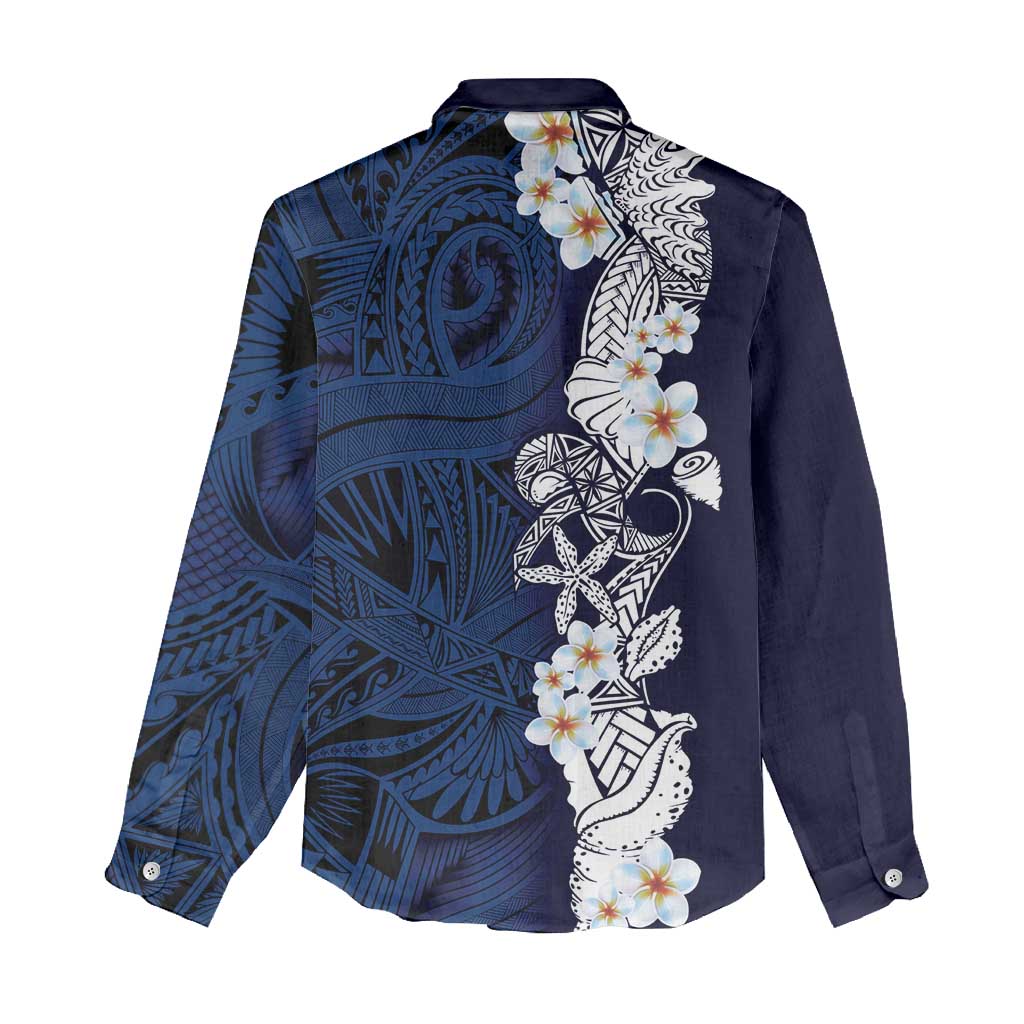 Blue Samoa Tattoo Women Casual Shirt Plumeria Samoan Ocean Tatau Pattern - Polynesian Pride