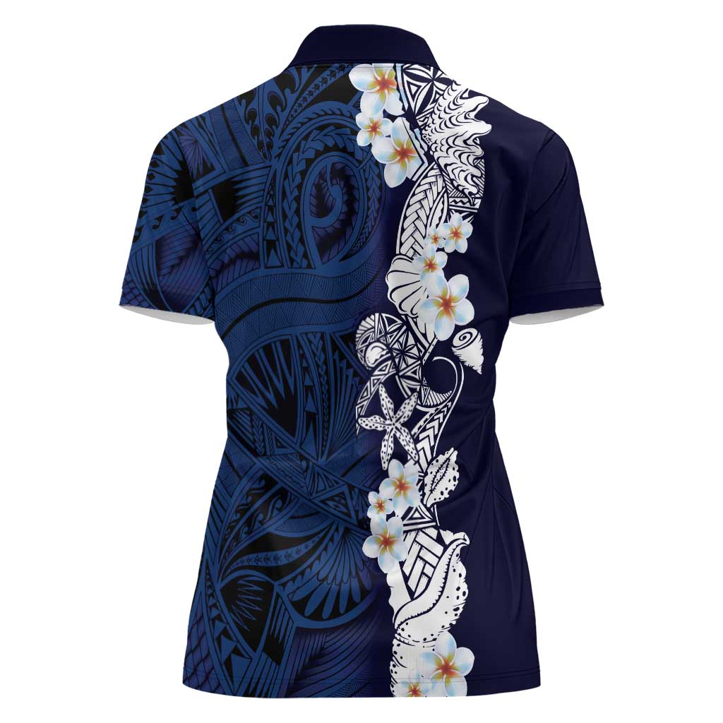 Blue Samoa Tattoo Women Polo Shirt Plumeria Samoan Ocean Tatau Pattern - Polynesian Pride
