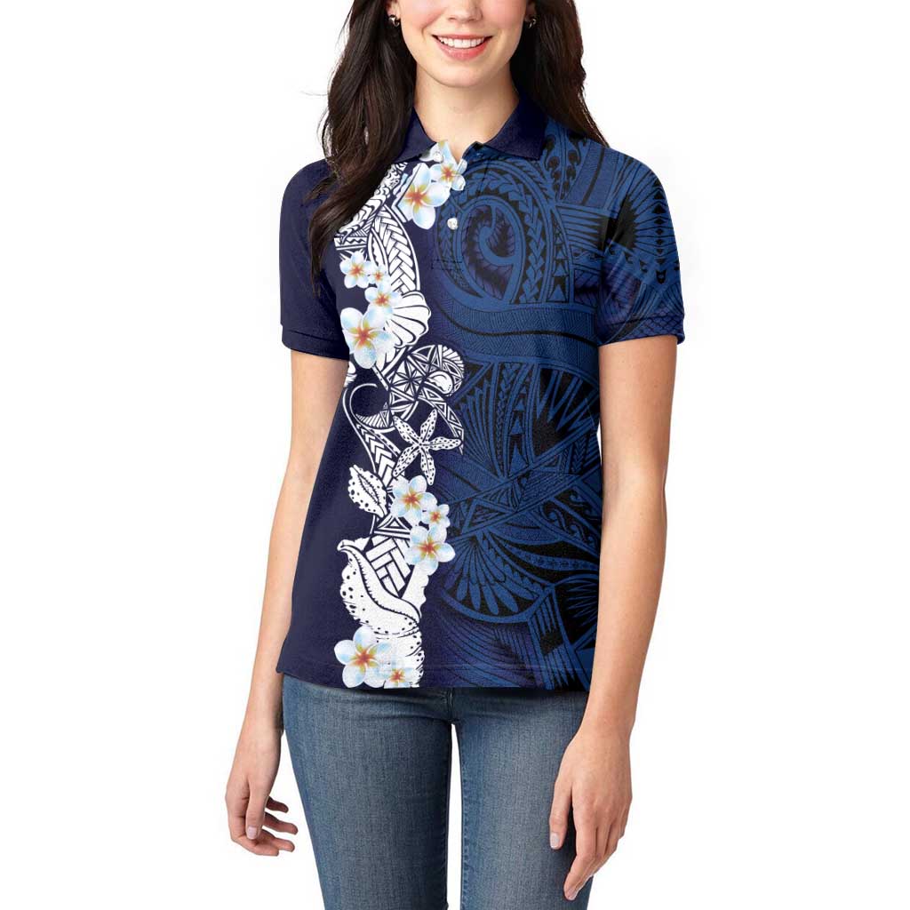 Blue Samoa Tattoo Women Polo Shirt Plumeria Samoan Ocean Tatau Pattern - Polynesian Pride
