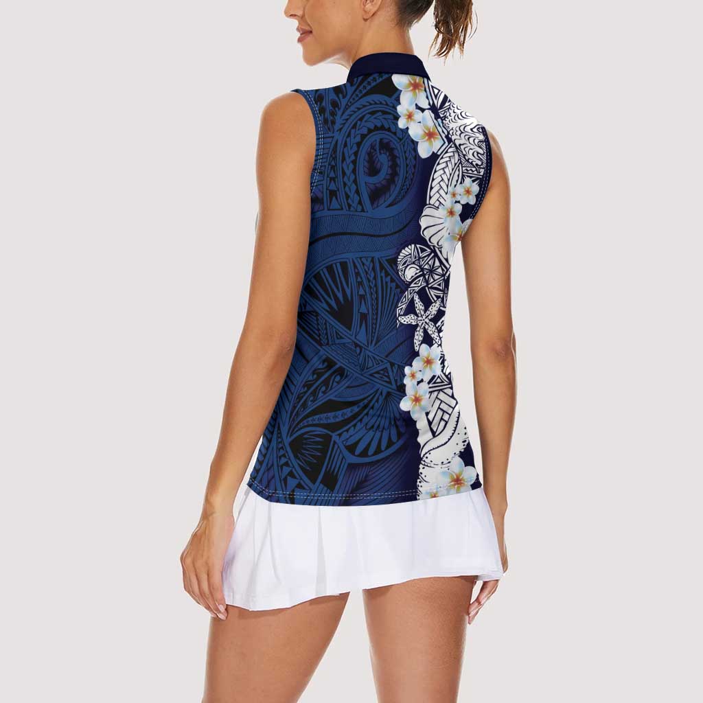 Blue Samoa Tattoo Women Sleeveless Polo Shirt Plumeria Samoan Ocean Tatau Pattern - Polynesian Pride